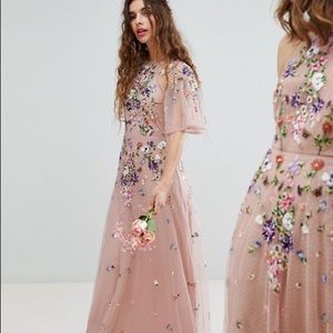 Floral embroidered dobby mesh flutter sleeve dress